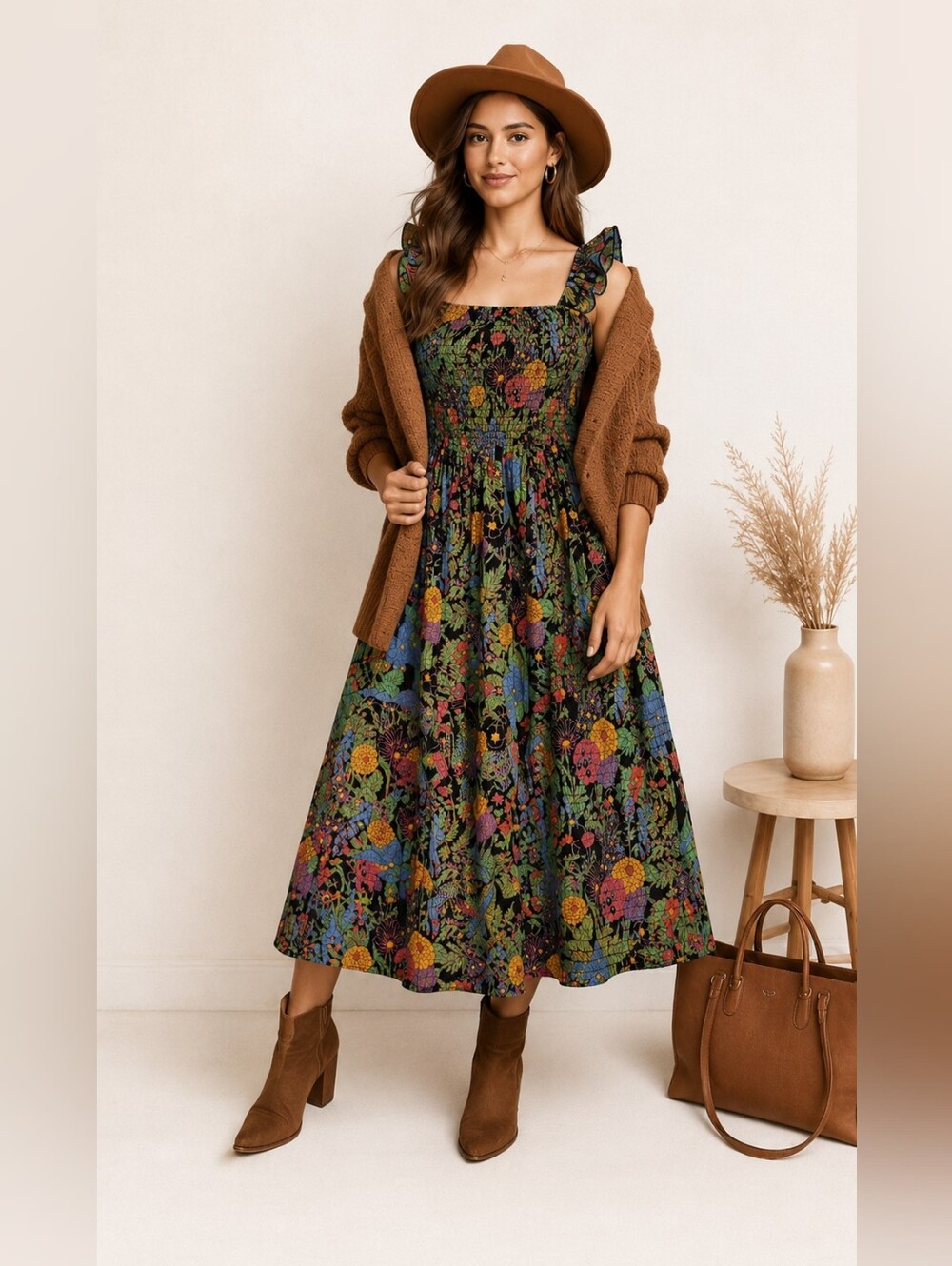 Mille Women's XS Olympia Floral Multicolor Smocked Midi Sundress